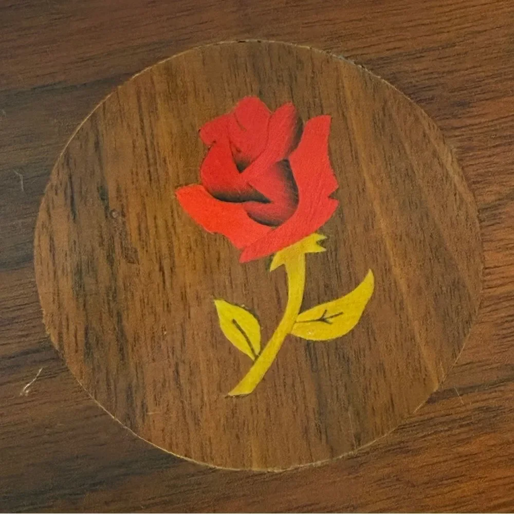Walnut Rose Inlaid Wooden Trinket Box 9x6